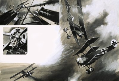 A brit SE5-ösök és Werner Voss csatája a Fokker háromfedelű repülőgépével alkotó: English School