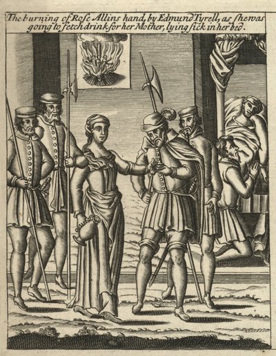 Rose Allins kezének elégetése, Edmund Tyrell (metszet) alkotó: English School