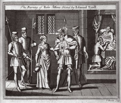 Edmund Tyrill Rose Allins keze elégetése, illusztráció a Foxes Martyrs c.1703-ból alkotó: English School
