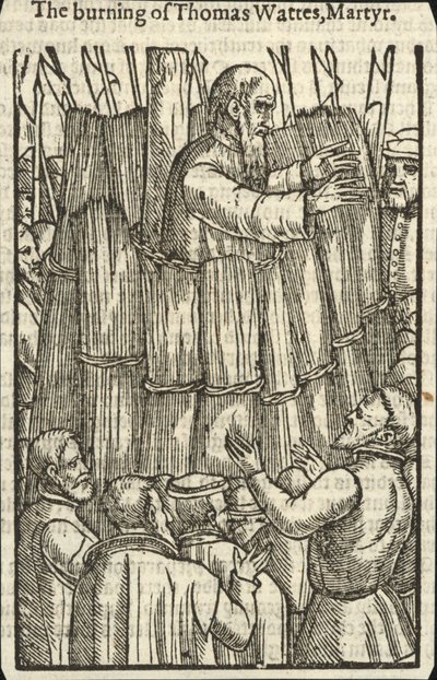 Thomas Wattes, mártír elégetése (metszet) alkotó: English School
