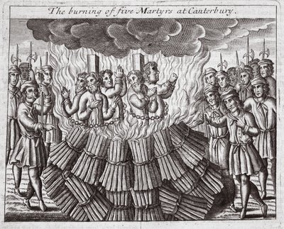 Öt vértanú elégetése Canterburyben, illusztráció John Foxe "Acts and Monuments" című művéből, kilencedik kiadás, kiad. 1684 (litográfia) alkotó: English School