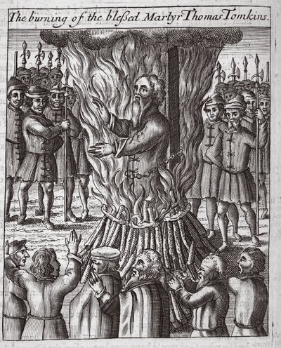 Thomas Tomkins áldott vértanú megégetése, illusztráció John Foxe "Acts and Monuments" című művéből, kilencedik kiadás, kiadó. 1684 (litográfia) alkotó: English School