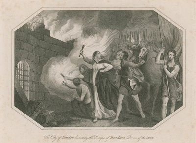 London városát felgyújtották Boadicea, Icena királynője csapatai alkotó: English School