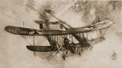 A nagy harci repülőgép eljövetele: a dupla méretű német kétfedelű repülőgép, amelyet brit repülők vettek harcba, a The Illustrated War News-ból alkotó: English School