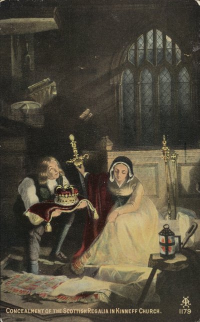A skót királyi ereklyék elrejtése a Kinneff-templomban (színes litográfia) alkotó: English School