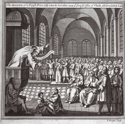 Egy pápai pap leírása, aki, amikor elvette Krisztus dicsőségét és hivatalát, hirtelen elesett és meghalt, illusztráció a Foxes Martyrs c.1703-ból alkotó: English School