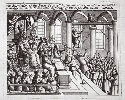 A Rómában tartott pápai zsinat leírása, amelyben egy szörnyeteg bagoly jelent meg, a pápa és az összes papsága teljes megsértésére, illusztráció John Foxe Cselekedeteiből és emlékművekből, kilencedik kiadás alkotó: English School