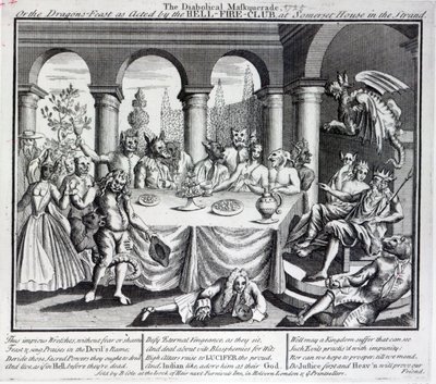 Az ördögi álarcosbál, vagy a sárkányok lakomája a Pokol-tűz-klub előadásában, a Somerset House-ban, a Strandon, 1721 körül. alkotó: English School