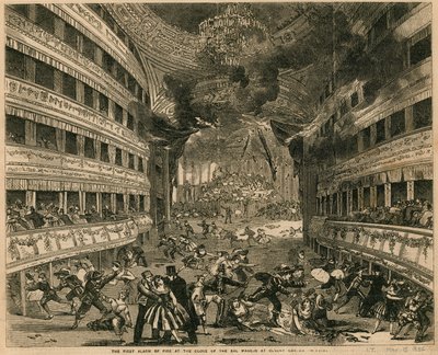 Az első tűzriadó a londoni Covent Garden Színházban a Bal Masque bezárásakor alkotó: English School
