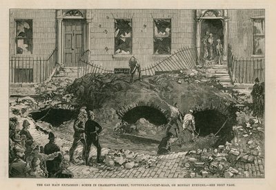 A gázfőrobbanás: helyszín a Charlotte Streeten, a Tottenham Court Roadon, hétfő este alkotó: English School