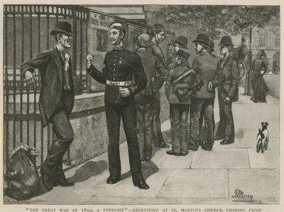 Az 1892-es nagy háború, előrejelzés; Toborzás a Szent Márton templomban alkotó: English School