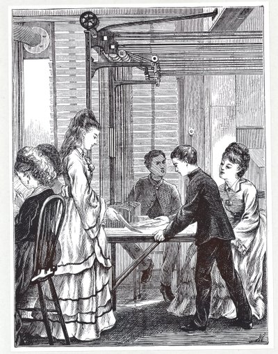 Üzenetek szállítására szolgáló eszközök a londoni Telegraph Street Post Office Telegraph központjában, a The Graphic-ból, 1871 alkotó: English School