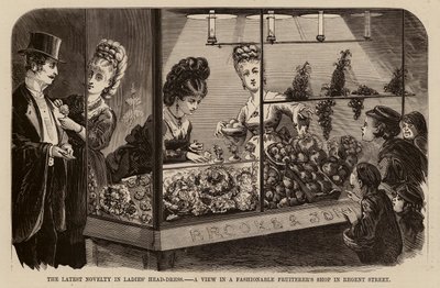 Die neueste Neuheit in Damenkopfbedeckungen, ein Blick in einen modischen Obstladen in der Regent Street (Gravur) von English School