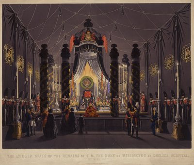 F M Wellington herceg földi maradványai fekvő állapotban a Chelsea Kórházban, 1852. november (színes metszet) alkotó: English School