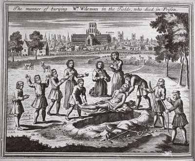 A börtönben meghalt Wm Wiseman szántóföldi eltemetésének módja, illusztráció a Foxes Martyrs c.1703-ból alkotó: English School