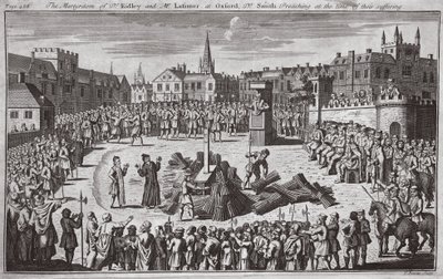 Dr. Ridley és Latimer úr mártíromsága Oxfordban, Dr. Smith prédikál szenvedésük idején, illusztráció a "Foxes Martyrs" c.1703-ból (litográfia). alkotó: English School