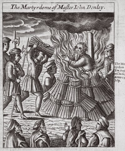 John Denley mester vértanúsága, illusztráció John Foxe "Acts and Monuments" című művéből, kilencedik kiadás, kiadó: John Foxe, "Acts and Monuments", kilencedik kiadás. 1684 (litográfia) alkotó: English School
