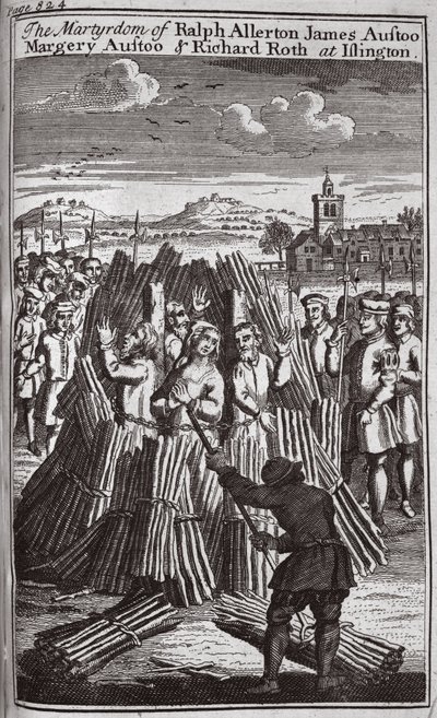 Ralph Allerton James Austoo, Margery Austoo és Richard Roth mártírhalála Islingtonban, illusztráció a "Foxes Martyrs" c.1703-ból (litográfia). alkotó: English School