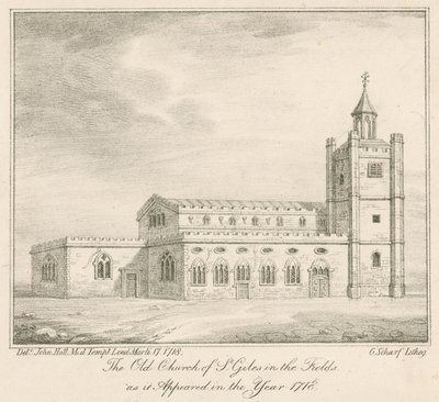 A londoni St Giles in the Fields régi temploma, ahogyan 1718-ban jelent meg alkotó: English School