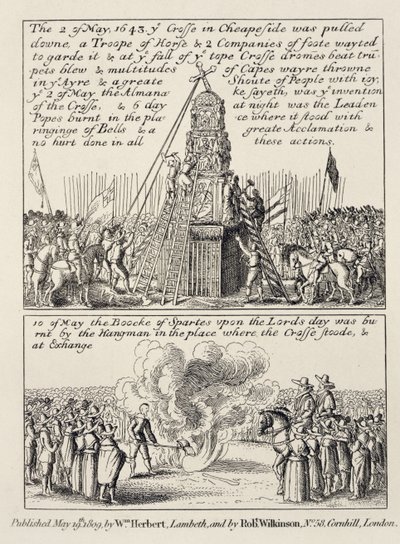 A Cheapside Cross ikonoklasztok és puritánok általi lerombolása, valamint a Sportkönyv felgyújtása ugyanazon a sportágnál a következő vasárnap 1643 májusában, 1809 alkotó: English School
