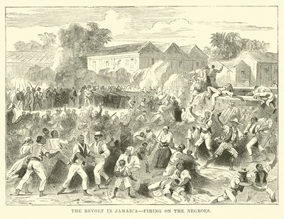 A jamaicai lázadás, a feketékre lövöldözve (metszet) alkotó: English School