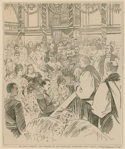 Királyi esküvő, szertartás az oltárkorlátnál, a Buckingham-palota kápolnája, 1896. július 23. alkotó: English School