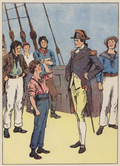 A tengerészfiú felajánlja, hogy csatlakozik a haditengerészethez (színes litho) alkotó: English School