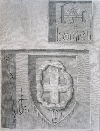 Boleyn Anne aláírása a Tudor Rózsával a londoni Towerben tartott bebörtönzése alatt, és egy másik fogoly keresztet farag, 1815 alkotó: English School