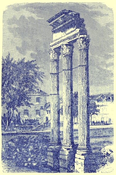 A Castor-templom három oszlopa, Victor Duruy Róma története című illusztrációja, 1884-ben (digitálisan javított kép) alkotó: English School