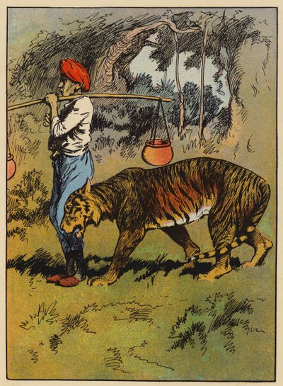 A tigris a férfi lábához dörzsöli magát (színes litho) alkotó: English School