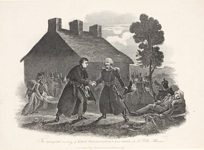 Lord Wellington és Blucher váratlan találkozása a La Belle Alliance kocsmában. T Kelly, 1811 alkotó: English School