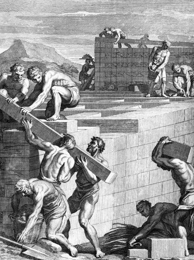 A gallok városainak falai alternatív kövekből és gerendákból épültek, amelyeket Cornelis Huyberts vésett, a Caesars Commentaries illusztrációja, amelyet William Duncan fordított angolra, alkotó: English School