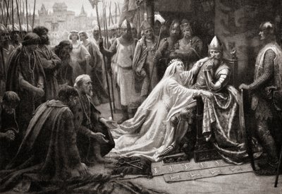 Edward király felesége, Philippa Hainault királynője közbenjár férje előtt, hogy a hét calais-i polgár életét kíméljék (nyomtatás) alkotó: English School