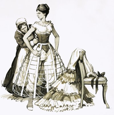 A nők által az 1850-es években használt "ketrec krinolén" néven ismert drótos eszköz. alkotó: English School