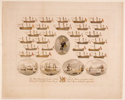Ezt a táblát Nelson Bronte herceg vikomtja védi, aki 1793 és 1805 között segített az Enemies csatahajók 26 vitorlájának elfoglalásában (színes metszet) alkotó: English School