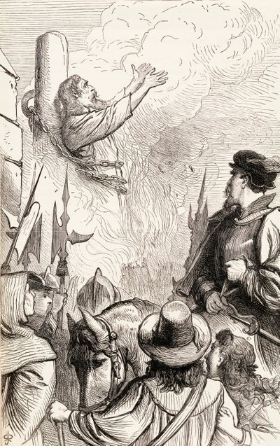 Thomas Hawkes máglyán égett a Mária-üldözések idején, 1865 körül (fametszet) alkotó: English School