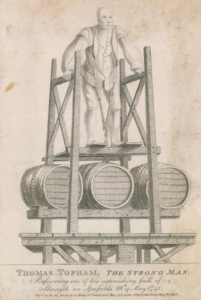 Thomas Topham, az erős ember, aki egyik bámulatos erődemonstrációját hajtja végre Spitalfieldsben, 1741. május 28-án alkotó: English School