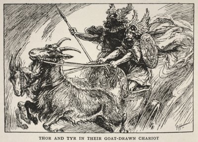 Thor és Tyr a kecske vontatta szekerükön. alkotó: English School