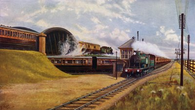 Három londoni és délnyugati vasúti gyorsvonat a Hampshire-i Battledown Junctionnél (színes litho) alkotó: English School
