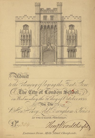 Jegy a City of London School első kövének letételére, 1835. október 21. alkotó: English School
