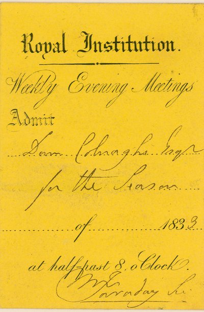 Belépőjegy a londoni Albemarle Street-i Királyi Intézetbe, Michael Faraday előadására alkotó: English School