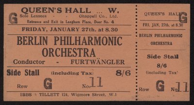 Jegy a Berlini Filharmonikusok koncertjére, Queens Hall, London 1928. január 27., péntek alkotó: English School