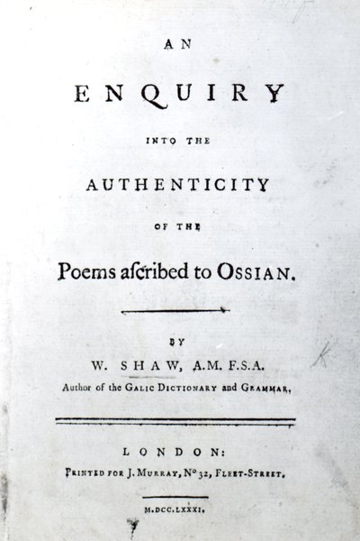 Címlap a William Shaw által Ossiannak tulajdonított versek hitelességének vizsgálatához, 1781-ben megjelent (nyomtatott papír) alkotó: English School