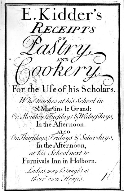 Címlap az E. Kidders cukrászsüteményes és főzési bizonylatokhoz, Edward Kiddertől, megjelent 1730 körül alkotó: English School