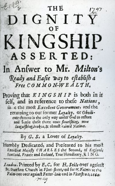 A G.S., a hűség szerelmese által állított királyi méltóság címlapja, 1660-ban megjelent (nyomtatott papír) alkotó: English School