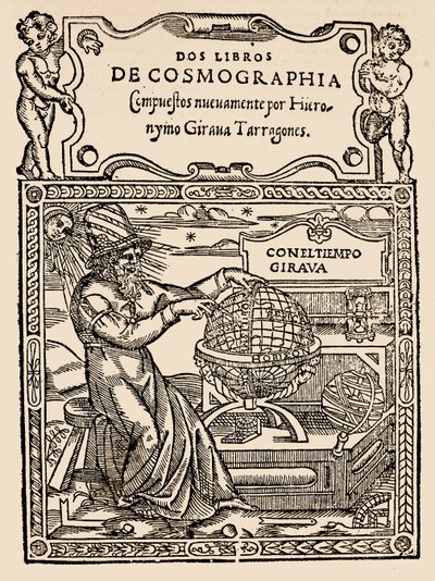 Címlap Hieronymo Girana Tarragones két kozmográfiai könyvéhez, The Narrative and Critical History of America, szerkesztette: Justin Winsor, London, 1886 (fatömbnyomat) alkotó: English School