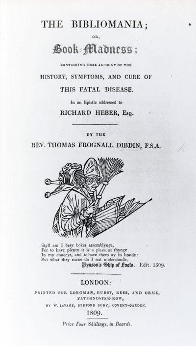 Címlap a Bibliomániához, Thomas Frognall Dibdin tiszteletestől, 1809-ben (nyomtatott papír) alkotó: English School