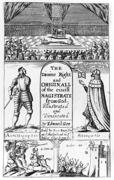 Címlap az isteni joghoz és az Istentől származó polgári bíró eredeti példánya, Edward Gee metszet, 1658 alkotó: English School
