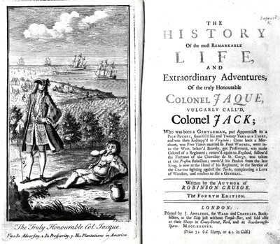 Címlap és előlap az igazán tisztelt Jaque ezredes legfigyelemreméltóbb életének és rendkívüli kalandjainak történetéhez, Daniel Defoe, 1738 alkotó: English School