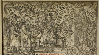 Címoldal részlet, amely a „VIII. Henrik királyt ábrázolja, a Nagy Bibliából”, 1541 körül (fametszet) alkotó: English School